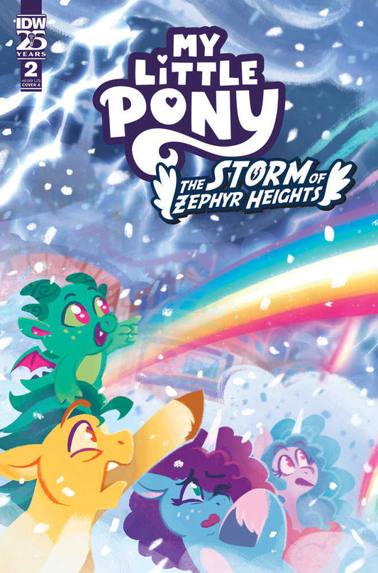 Comic book cover featuring "My Little Pony: The Storm of Zephyr Heights," with cartoon ponies and a dragon-like creature set against a snowy background with a rainbow.