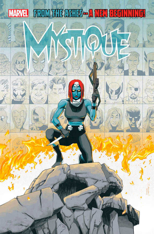 Comic book cover: Mystique kneeling on a rocky outcrop in front of flames, holding a rifle and knife. Superheroes sketched in the background.
