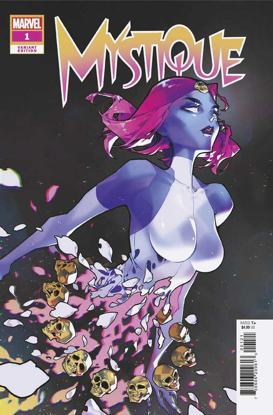 Comic book cover featuring Mystique. Blue skin, pink hair, skulls, and white dress.