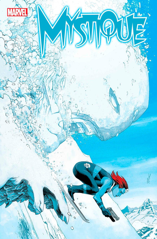 Comic book cover featuring Marvel's Mystique skiing with a gun in hand. Blue skin, red hair, and skull on costume. Snow-covered mountain setting.