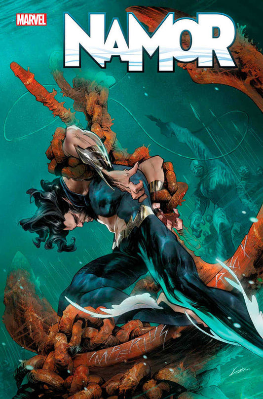 Comic book cover featuring Namor in a dynamic pose underwater. He wears a dark blue and black suit with gold accents, surrounded by reddish-brown sea creatures. The title "Namor" is prominently displayed in white at the top.