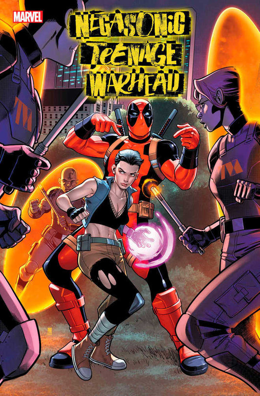 Comic book cover featuring Deadpool, Negasonic Teenage Warhead, and others. Deadpool, in red and black suit, flanked by Negasonic Teenage Warhead and other characters in purple and black uniforms. Building in the background and a large sign "Negasonic Teenage Warhead".