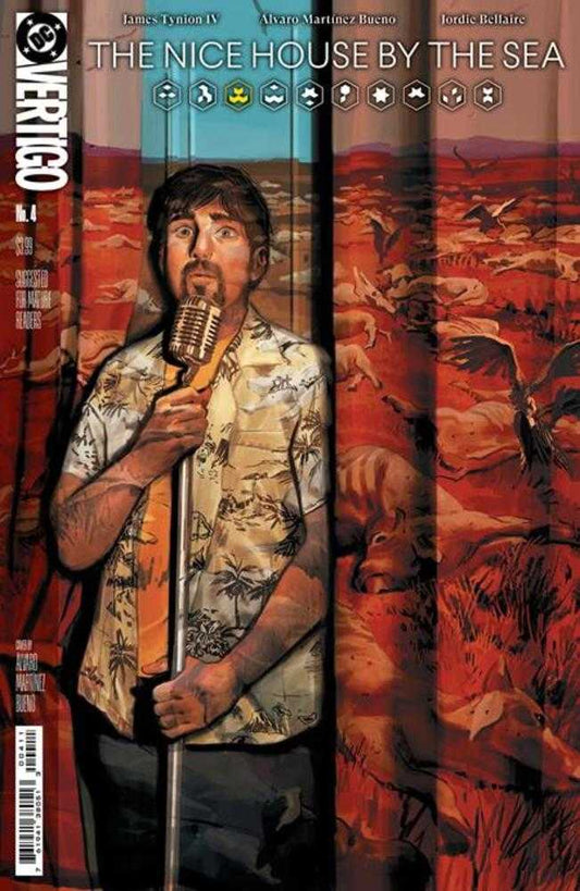 Comic book cover featuring a man in a tropical shirt holding a microphone against a surreal background.