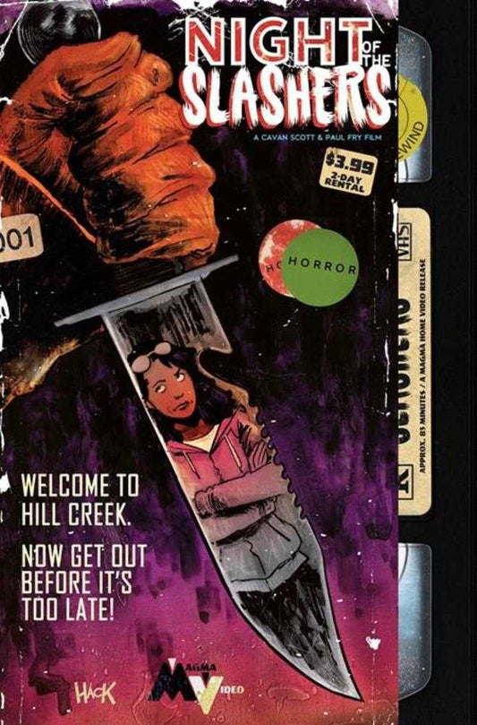 Movie poster for "Night of the Slashers" with a knife stabbing through a woman.
