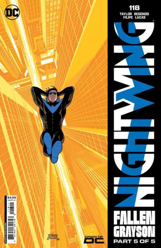 Comic book cover with Nightwing falling against a yellow cityscape.