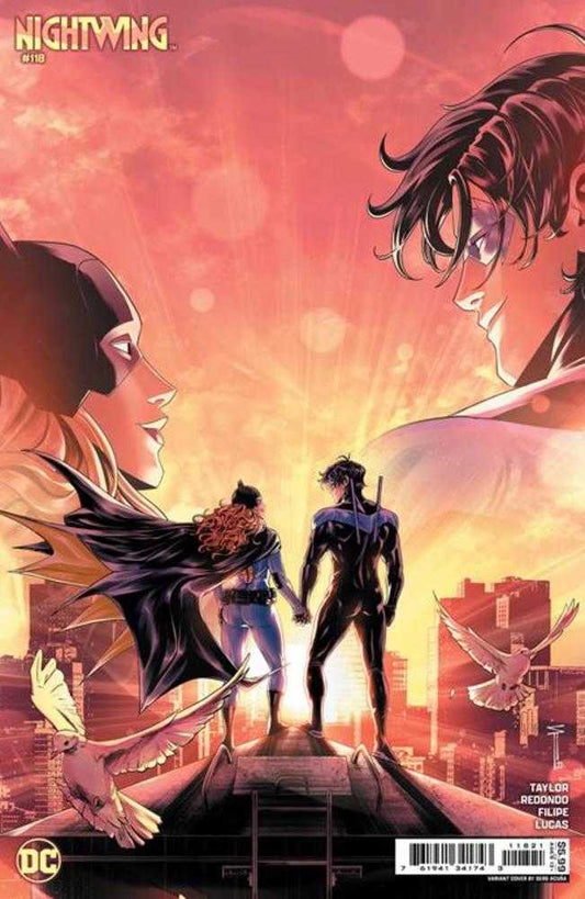 Comic book cover featuring Nightwing and Batgirl holding hands on a rooftop, with the characters' faces in the background. Pigeons are flying around them.