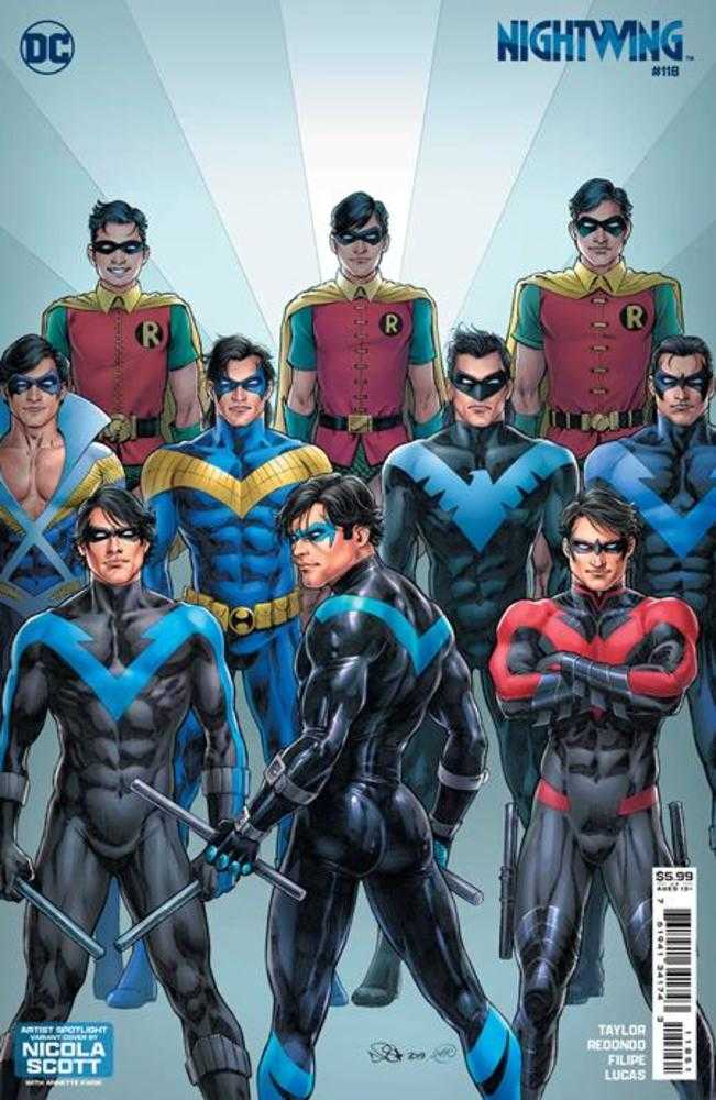 Comic book cover featuring multiple versions of Nightwing/Robin in different costumes.