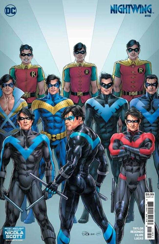 Comic book cover featuring multiple versions of Nightwing/Robin in different costumes.