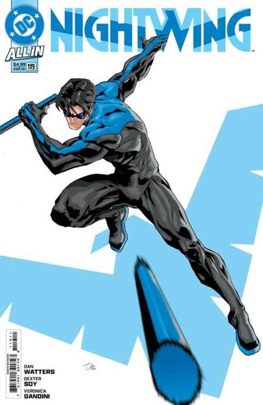 A comic book cover features Nightwing, clad in his iconic blue and black suit, dynamically posed mid-air, weapon in hand, against a light blue backdrop with the title "Nightwing."
