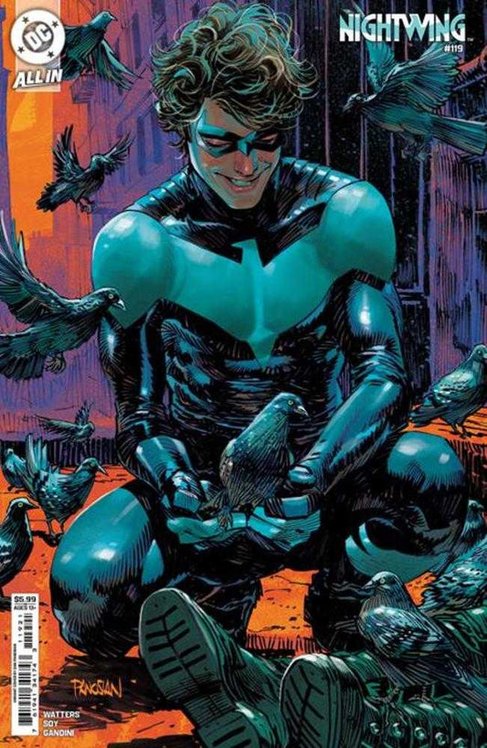 Nightwing in black and teal suit, smiling, surrounded by pigeons.