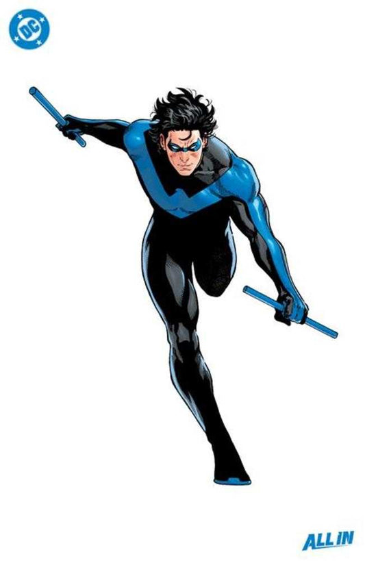 Comic art of Nightwing in action pose, wearing black and blue suit and holding escrima sticks.