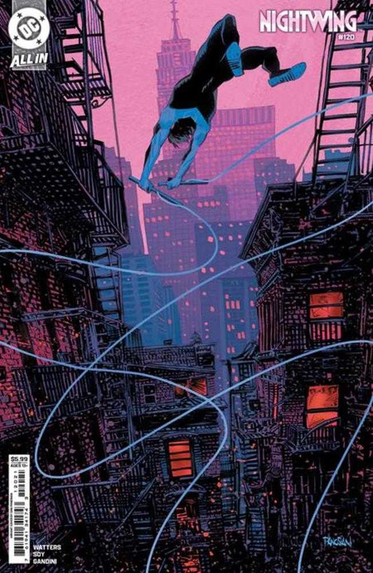 Comic book cover featuring Nightwing mid-air, holding batons, buildings with fire escapes and glowing windows, purplish-pink sky.