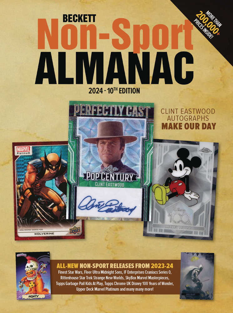 Magazine cover featuring Clint Eastwood, Wolverine, and Mickey Mouse trading cards.