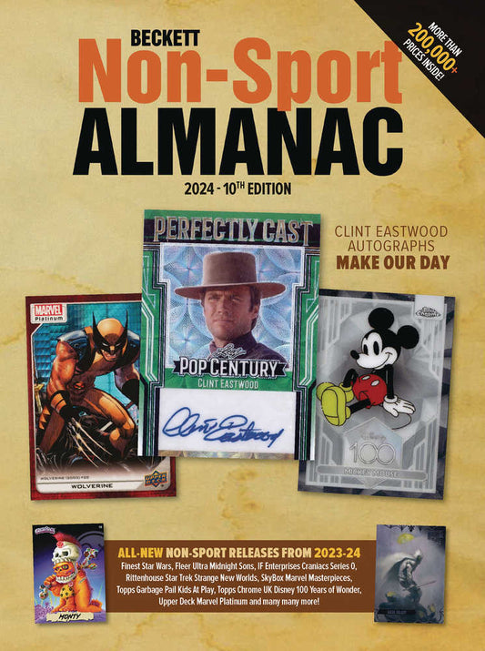 Magazine cover featuring Clint Eastwood, Wolverine, and Mickey Mouse trading cards.