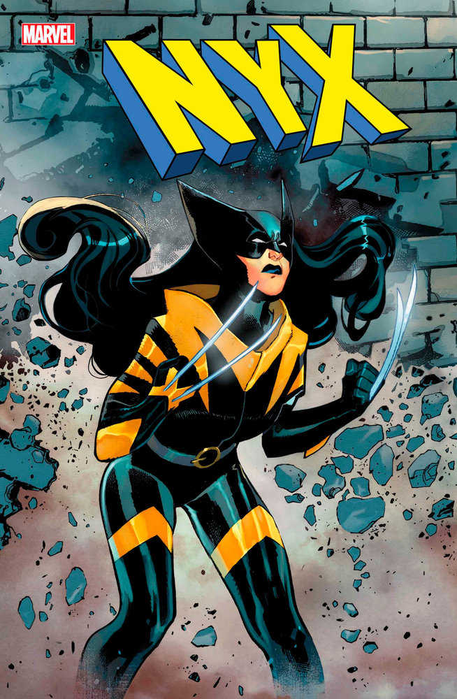 Comic book cover featuring Nyx, a female character in a black and yellow Wolverine-style costume with claw weapons, in front of a crumbling brick wall.