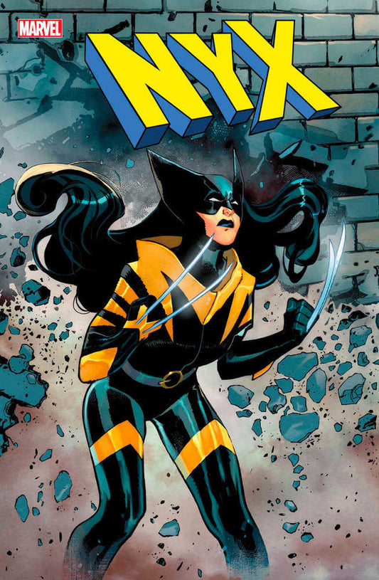 Comic book cover featuring Nyx, a female character in a black and yellow Wolverine-style costume with claw weapons, in front of a crumbling brick wall.