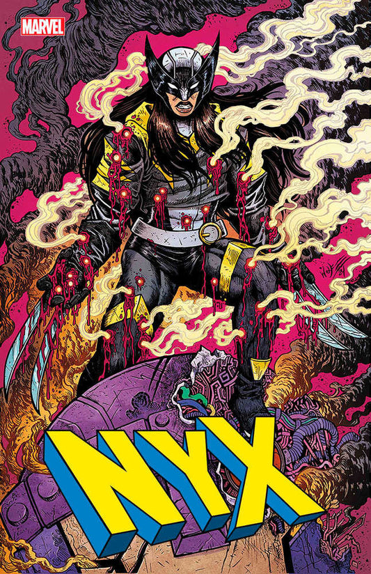 Comic book cover featuring a female character in a Wolverine-like costume, covered in blood, standing over a destroyed robot with "NYX" in large yellow letters.