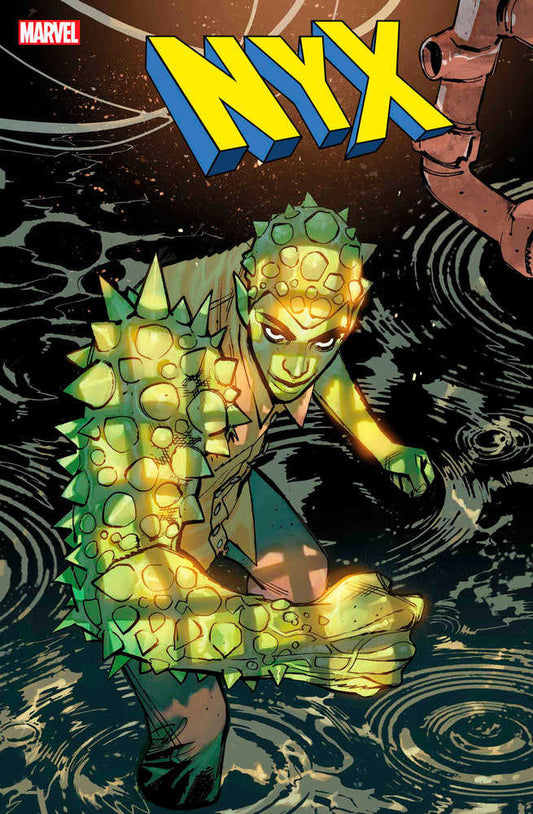 Comic book cover showing a green-skinned, reptilian character in water. "NYX" title in yellow and blue above.  Marvel logo at top left.
