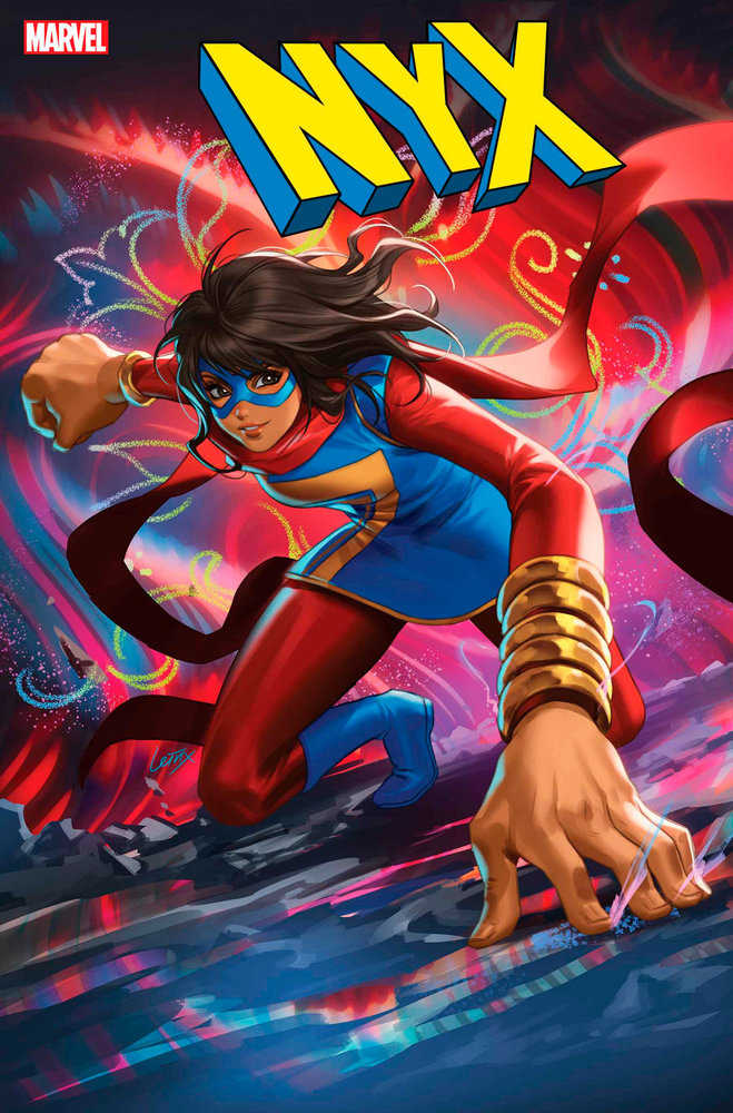 Comic book cover featuring Ms. Marvel in a red and blue superhero costume with enlarged hand.