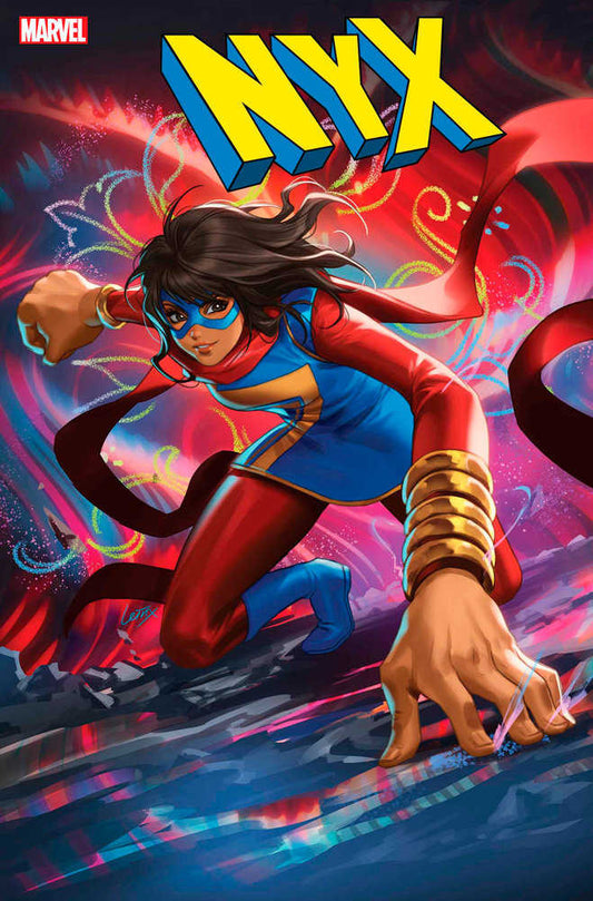Comic book cover featuring Ms. Marvel in a red and blue superhero costume with enlarged hand.