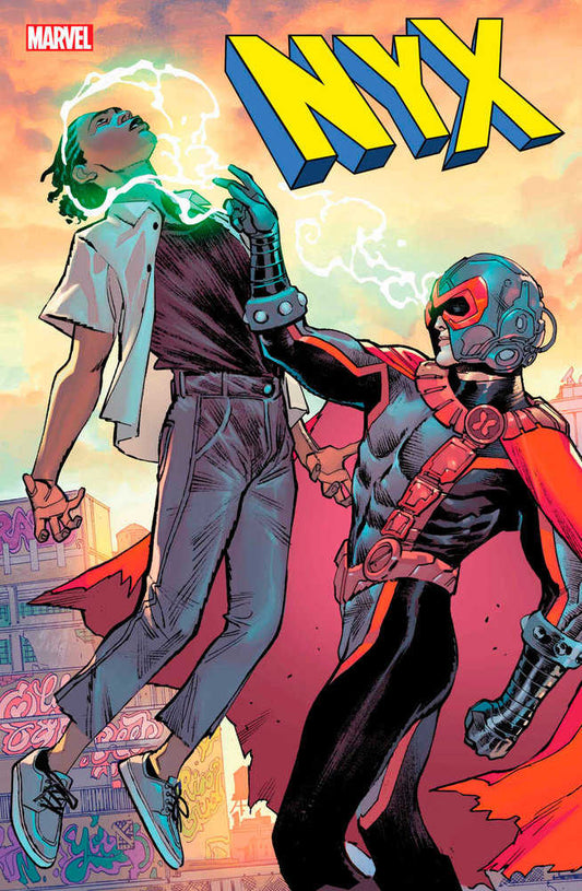 Comic book cover: Nyx, a young person with green energy, is touched by a costumed character.