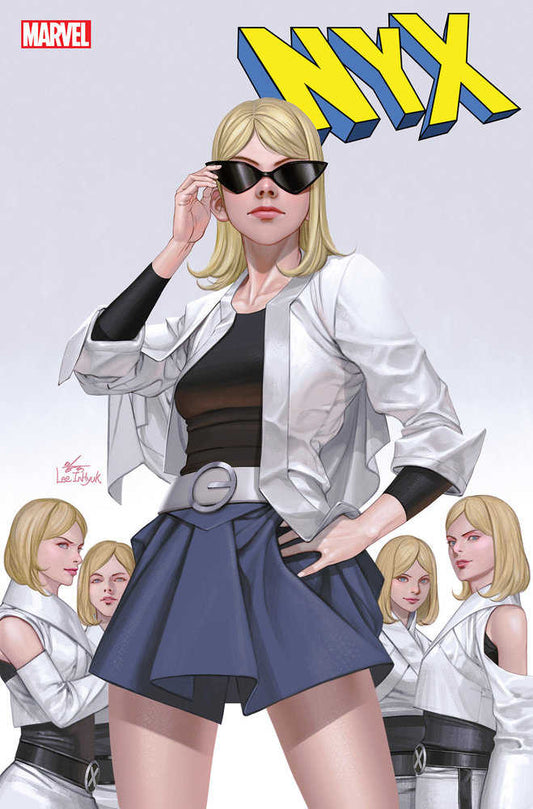 Comic book cover of "NYX" from Marvel, featuring a blonde woman in sunglasses, a white jacket, a black top, and a blue skirt, with smaller images of blonde women behind her.
