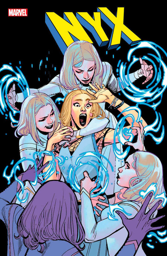 Comic book cover art of a blonde woman screaming, surrounded by other women, all generating swirling blue energy. Above them is the bold yellow title "NYX".