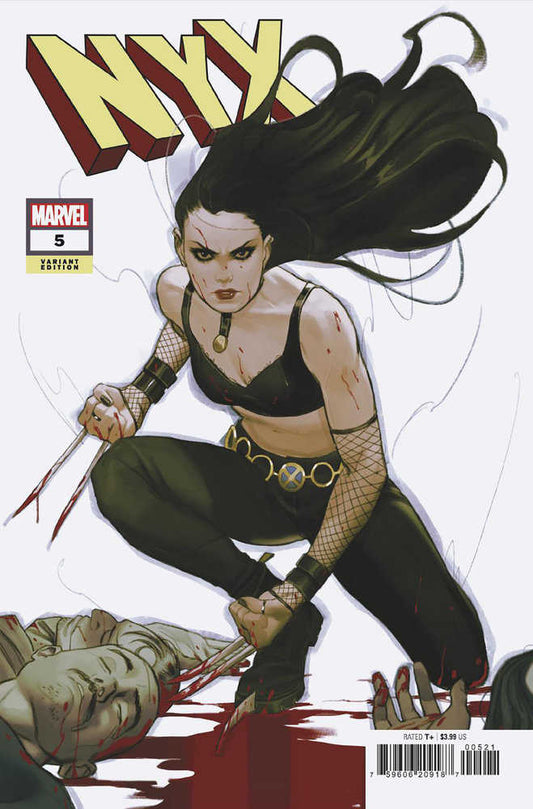 Comic book cover featuring a woman in black with claws, surrounded by blood and corpses.