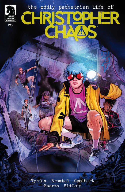 Comic book cover featuring a group of young people in an urban setting. The title reads "The Oddly Pedestrian Life of Christopher Chaos". One person shines a flashlight toward the viewer from atop an object. Other figures, including one climbing a ladder, are in the background. The colors are vivid and the overall mood is mysterious.