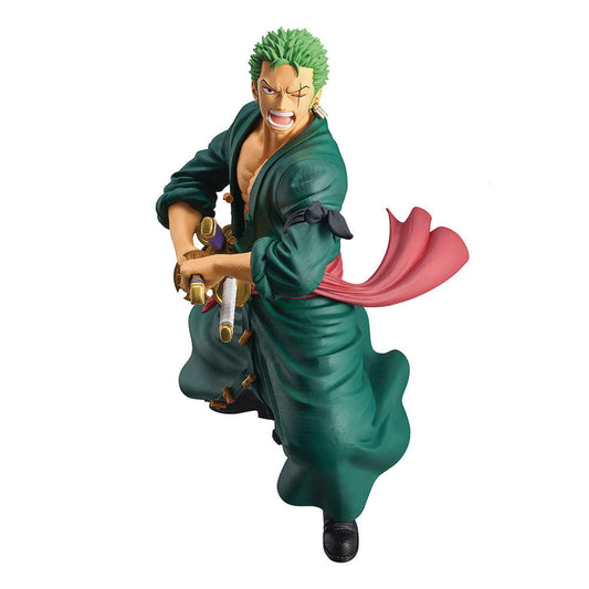 Green-haired anime swordsman with green robe and red sash.