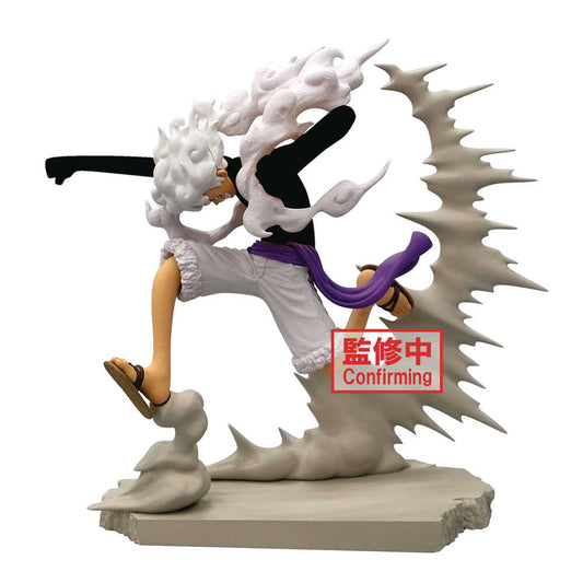 One Piece Luffy figure in Gear 5, with white hair, black shirt, white pants, purple sash, sandals, and cloud effects, posed in motion.