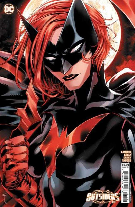 Comic book cover featuring Batwoman in a black and red costume with a bat-shaped emblem against a backdrop of a moonlit sky.