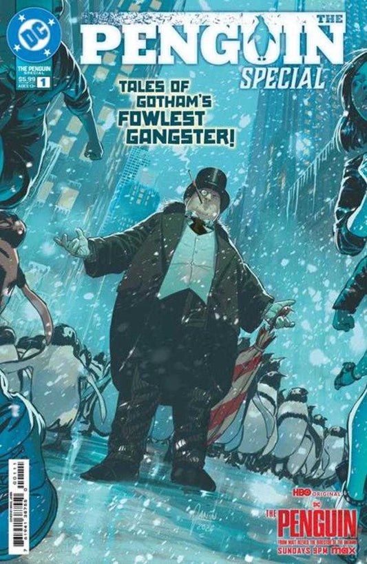 Comic book cover featuring The Penguin in a suit and top hat surrounded by penguins, snow, and a cityscape.