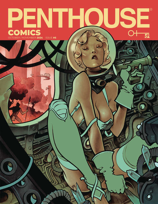 Comic book cover featuring a retro-futuristic, scantily clad woman in a space helmet, holding a ray gun.