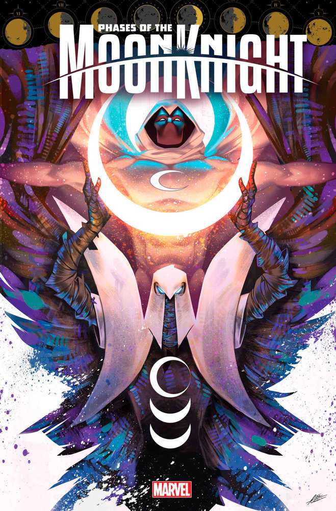 Comic book cover art: "Phases of the Moon Knight," featuring Moon Knight in multiple iterations against a background of moon phases and vibrant colors.