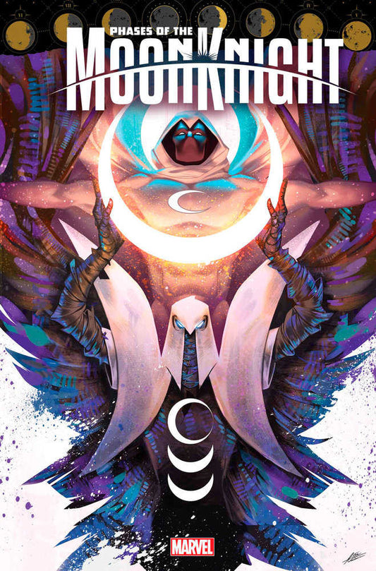 Comic book cover art: "Phases of the Moon Knight," featuring Moon Knight in multiple iterations against a background of moon phases and vibrant colors.