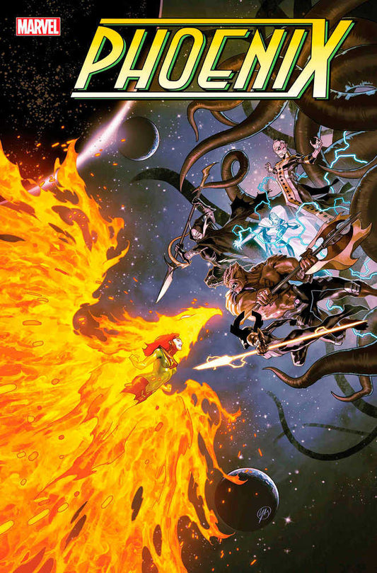 Comic book cover of "Phoenix": fiery Jean Grey faces cosmic challengers amid stars and planets.