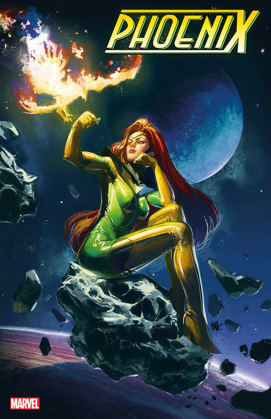 Comic book cover featuring Jean Grey as Phoenix. She is sitting on a large rock in space with a fiery phoenix above her. She's wearing a green and gold suit, with red hair and a headpiece.