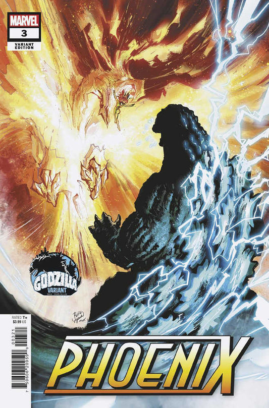 Comic book cover featuring Godzilla confronting Phoenix. Issue #3, Variant edition. Godzilla is silhouetted with blue electricity. Phoenix is fiery. Title: Phoenix.