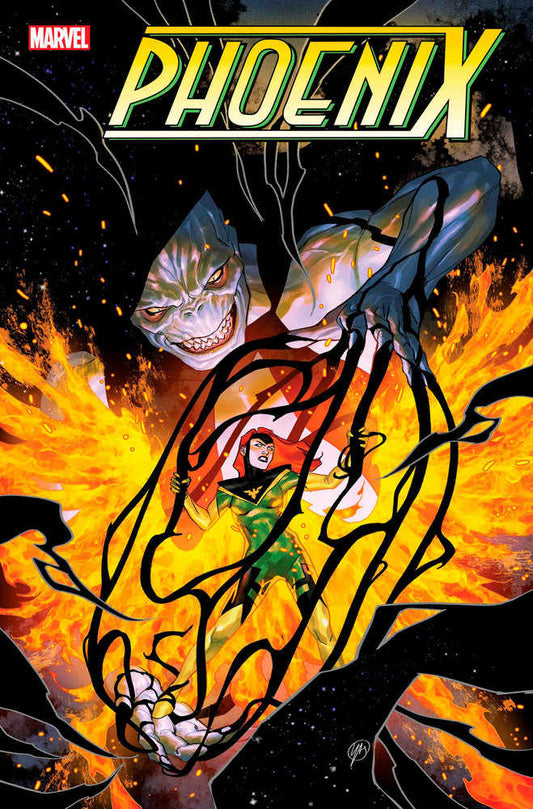 Comic book cover art: Jean Grey/Phoenix in green and gold costume, enveloped in black tendrils, against a fiery orange background, with a menacing alien face looming above.
