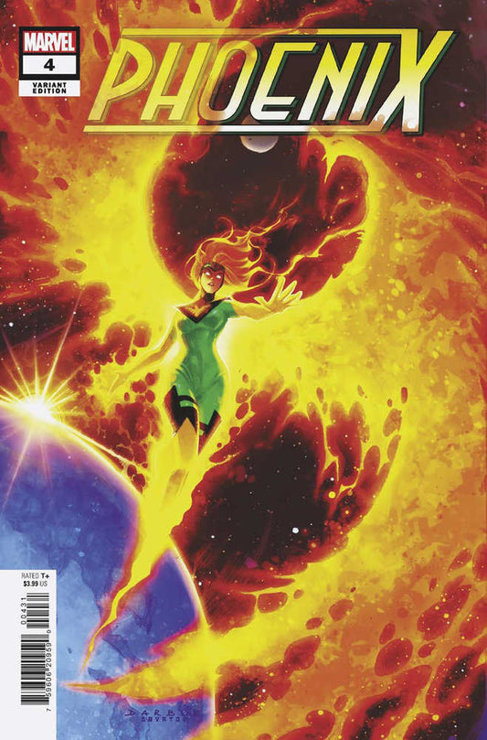 Comic book cover. Woman, hair flowing, wearing green suit with black accents, surrounded by yellow, orange, and red energy. "Phoenix" title.