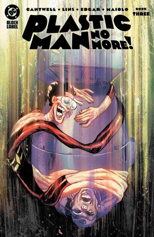 Comic book cover featuring Plastic Man trapped in a cylindrical container.