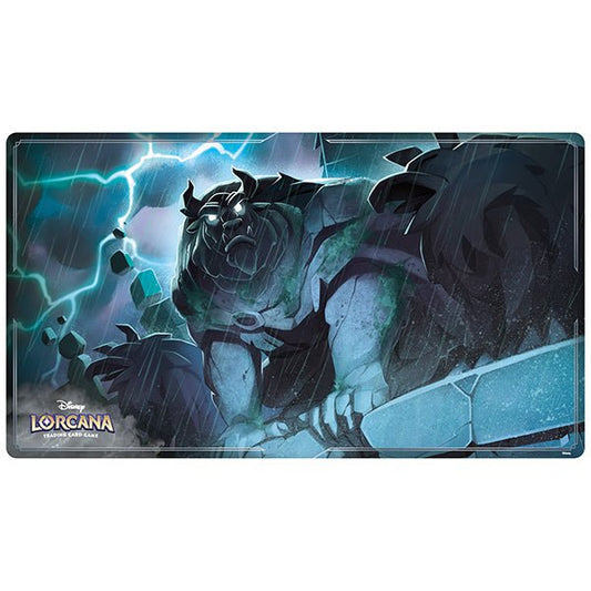 Close-up of a rectangular Disney Lorcana Trading Card Game playmat featuring the character Bruno in a stormy setting with lightning bolts.