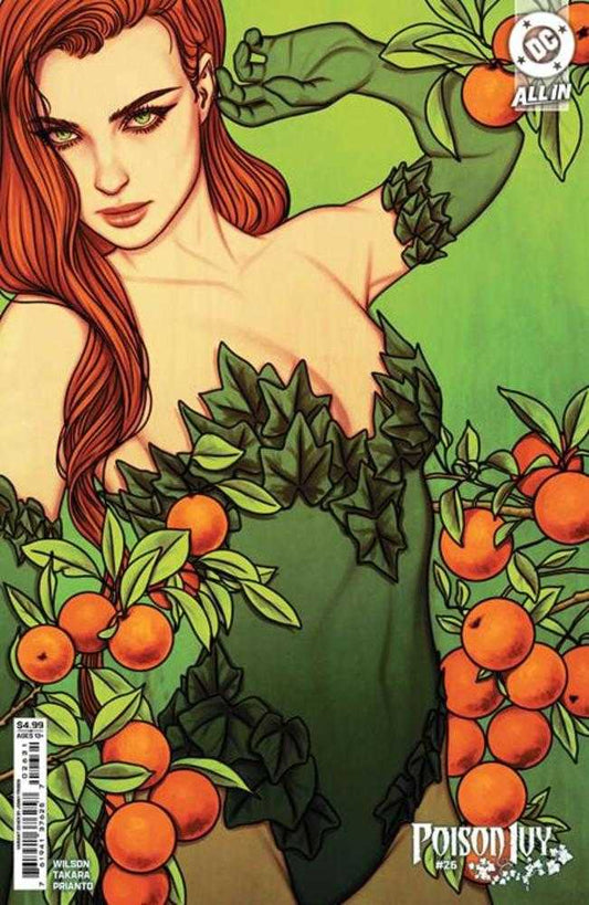 Comic book cover featuring Poison Ivy. She has long red hair and green eyes. She wears a garment of leaves. There are oranges and leaves surrounding her.