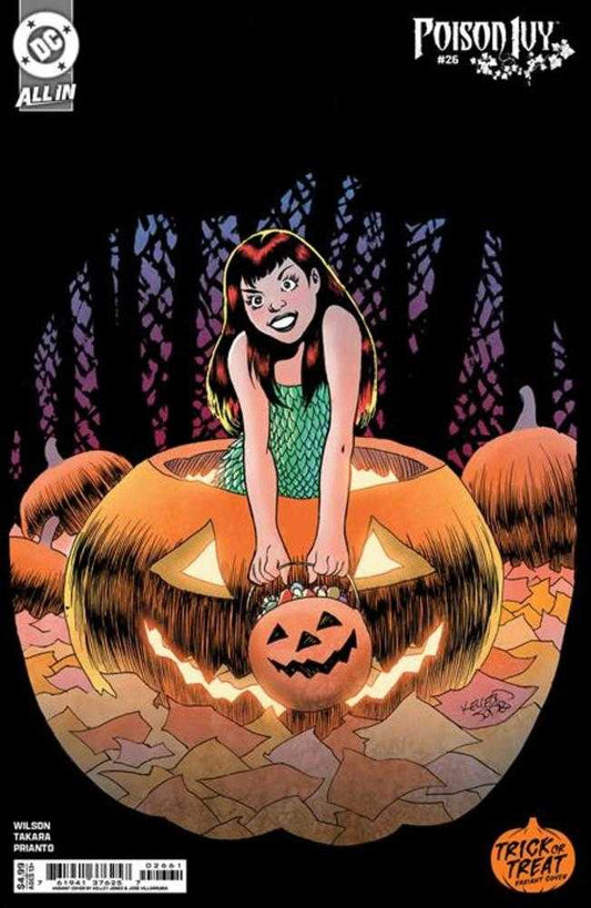 A comic book cover shows Poison Ivy in a Halloween-themed setting with pumpkins and falling leaves. Poison Ivy is sitting inside a large jack-o'-lantern, holding a smaller jack-o'-lantern filled with candy. The comic's title, "Poison Ivy," is at the top right.