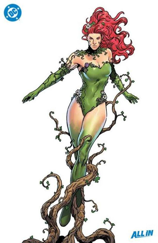 Comic art of Poison Ivy in green bodysuit, red hair, and climbing vines.