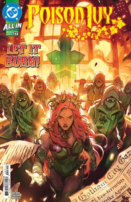 Comic book cover featuring Poison Ivy and hooded figures. "Let It Burn!" title. Gotham City Gazette with "Eco-terrorists Strike Again!" headline.
