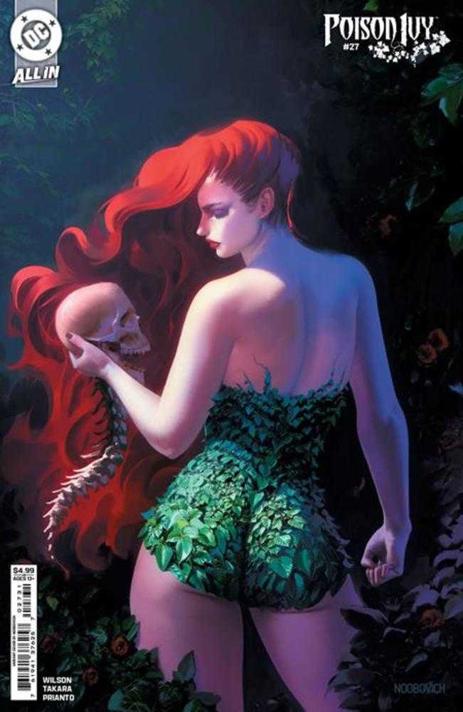 Comic book cover featuring Poison Ivy holding a skull. She is wearing a green leafy outfit. Her hair is red. The background is dark and filled with foliage.