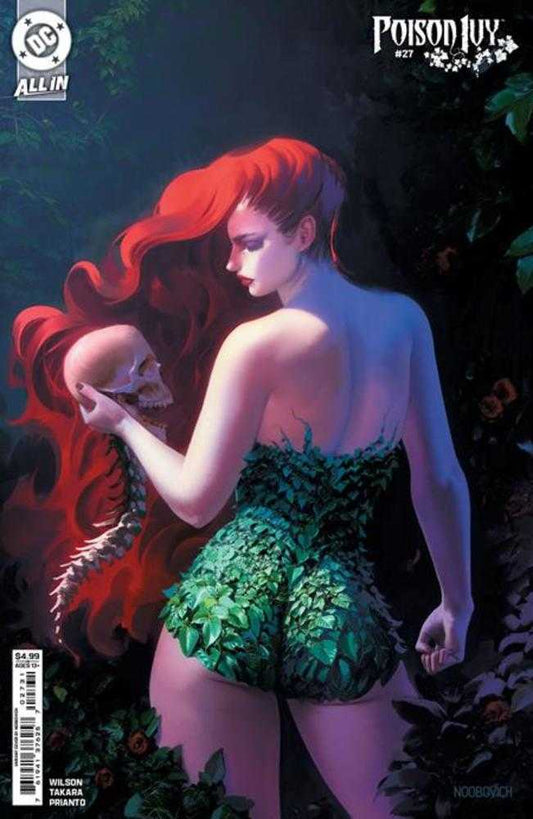 Comic book cover featuring Poison Ivy holding a skull. She is wearing a green leafy outfit. Her hair is red. The background is dark and filled with foliage.