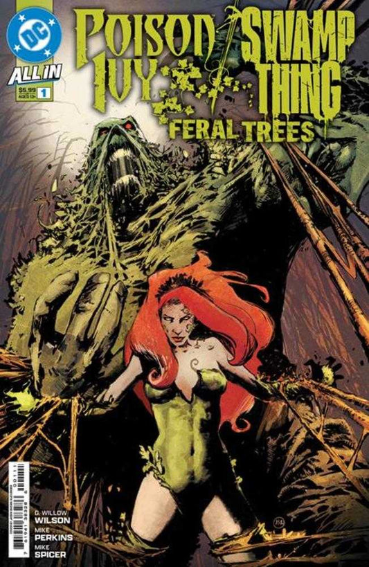 Comic book cover featuring Poison Ivy and Swamp Thing with "Poison Ivy Swamp Thing" title. Poison Ivy in a green vine-like costume, red hair, and Swamp Thing is a green, mossy creature.
